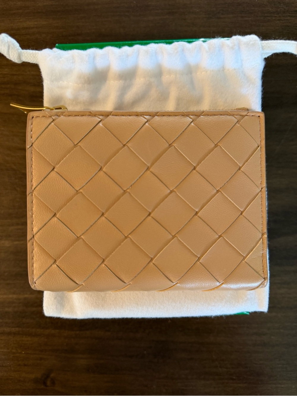 Bottega Veneta Bifold Leather Zip Card Wallet in Tan